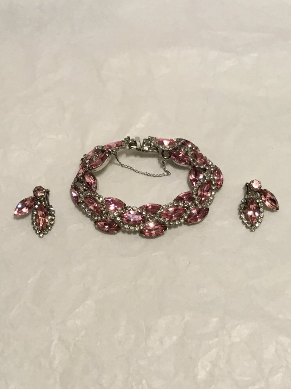 Vintage Weiss pink & clear rhinestone bracelet & earrings set - signed on back